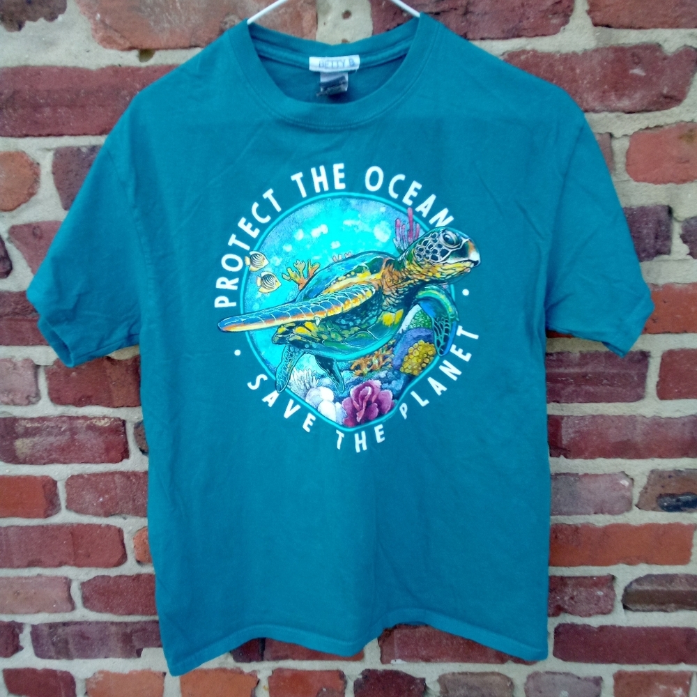 Gildan Teal S/S Protect The Ocean Pullover Crew neck T-Shirt Tee Sea Turtle Med